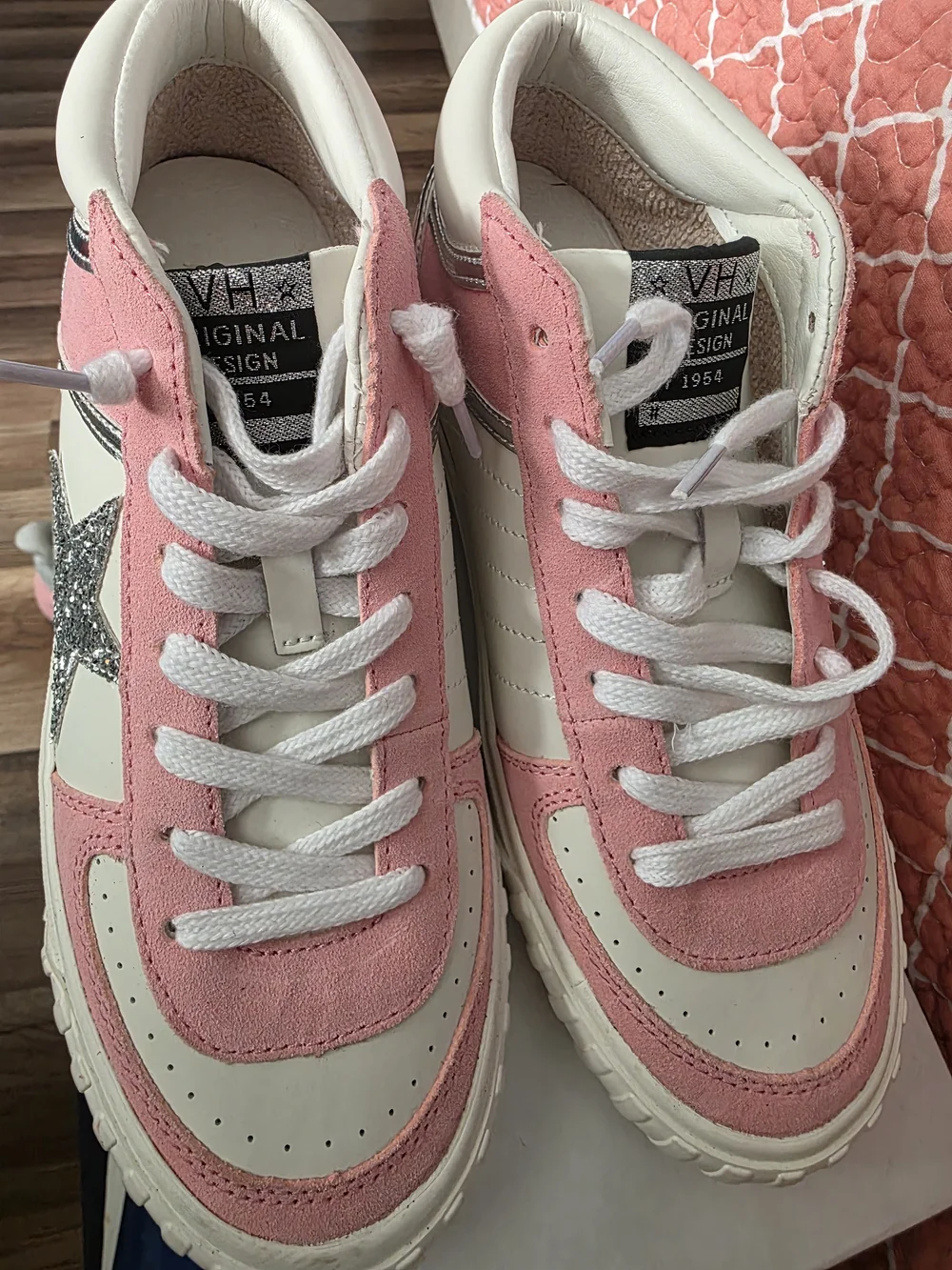 Vintage Havana Women’s Pink & White High-Top Sneakers with Silver Star Accent